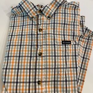Columbia Men’s Long Sleeve Orange, Blue & White Plaid Button-Up Shirt